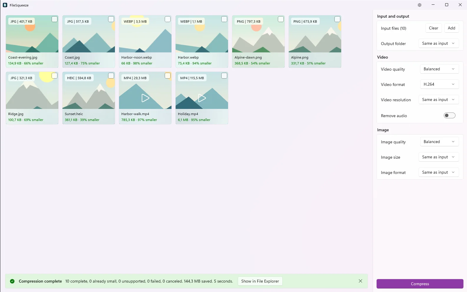 A batch of 10 files with per-file results and a summary of 144.3 MB saved