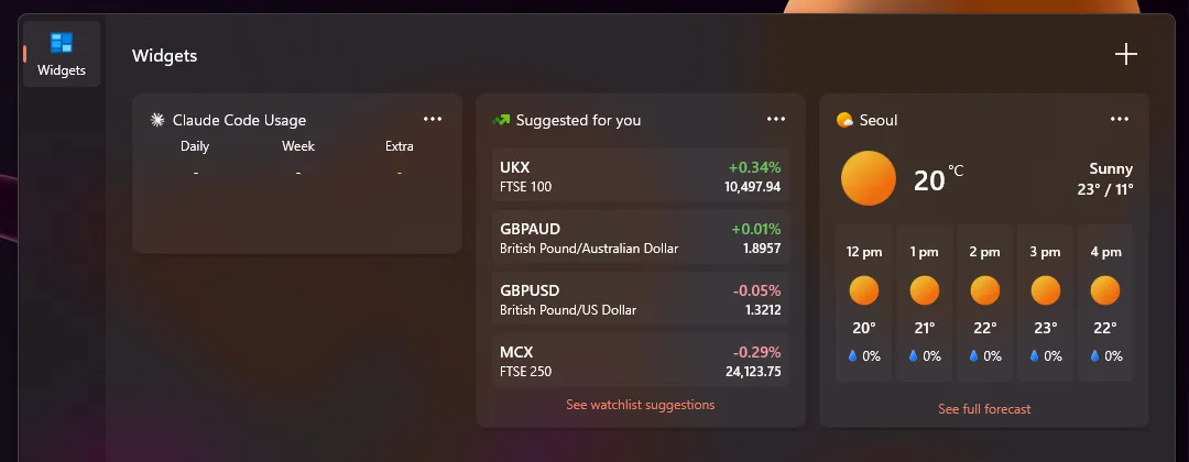 Native Windows 11 Widgets board (WidgetBoard.exe) with a side rail, Claude Code Usage, stocks and weather widgets in a three-column grid