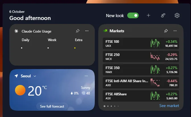 WebView2 Windows 11 Widgets board (Widgets.exe) with a greeting header, New look toggle, Claude Code Usage, weather and markets widgets
