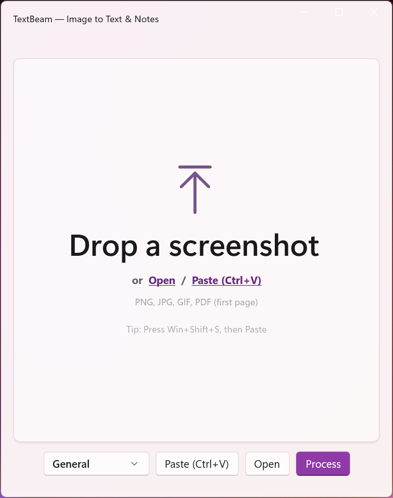 TextBeam app showing drag and drop interface