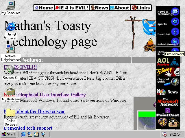 Windows 98 Active Desktop — HTML content rendered directly on the desktop wallpaper with Channel Bar on the right