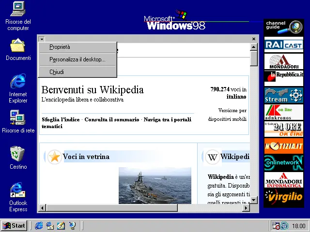 Windows 98 Active Channel Bar — branded buttons for RAI, Mondadori, Repubblica docked to the right edge of the desktop