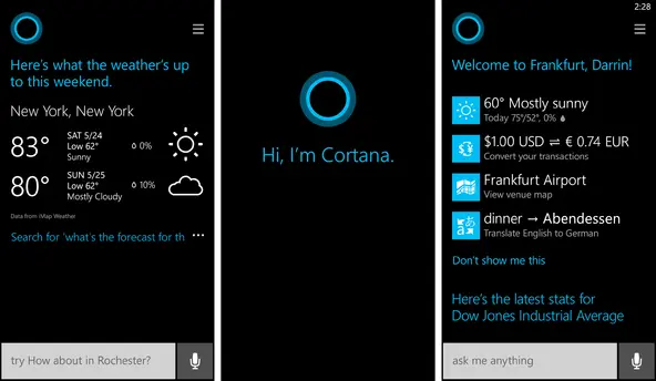 Cortana Cards showing weather forecasts, travel info, currency conversion, and contextual suggestions