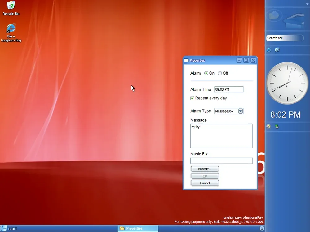Windows Longhorn alarm clock widget with configuration dialog showing alarm time, repeat and sound settings