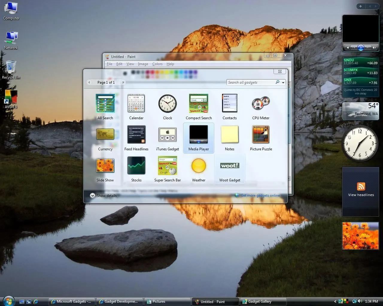 Windows Vista Sidebar with Aero Glass gadgets — clock, stocks, weather, CPU meter — and the Gadget Gallery open