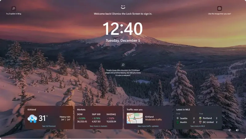 Windows 11 Lock Screen with widgets showing weather, sports scores, and traffic before login