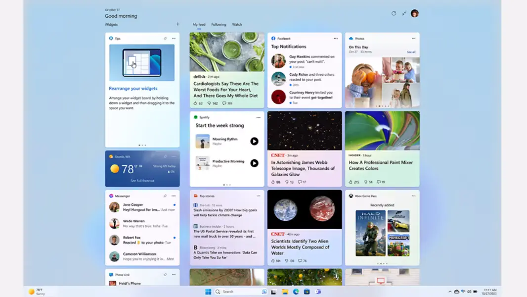 The original Windows 11 Widget Board — widgets and news feed rendered entirely through Edge WebView2