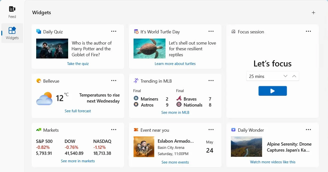 Windows 11 Widget Board showing the Widgets/Feed split layout — weather, sports, markets, focus session, and events