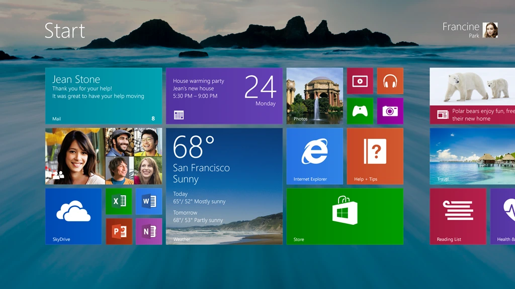 Windows 8.1 Start Screen — a full-screen grid of colorful Live Tiles with weather, calendar, and app shortcuts